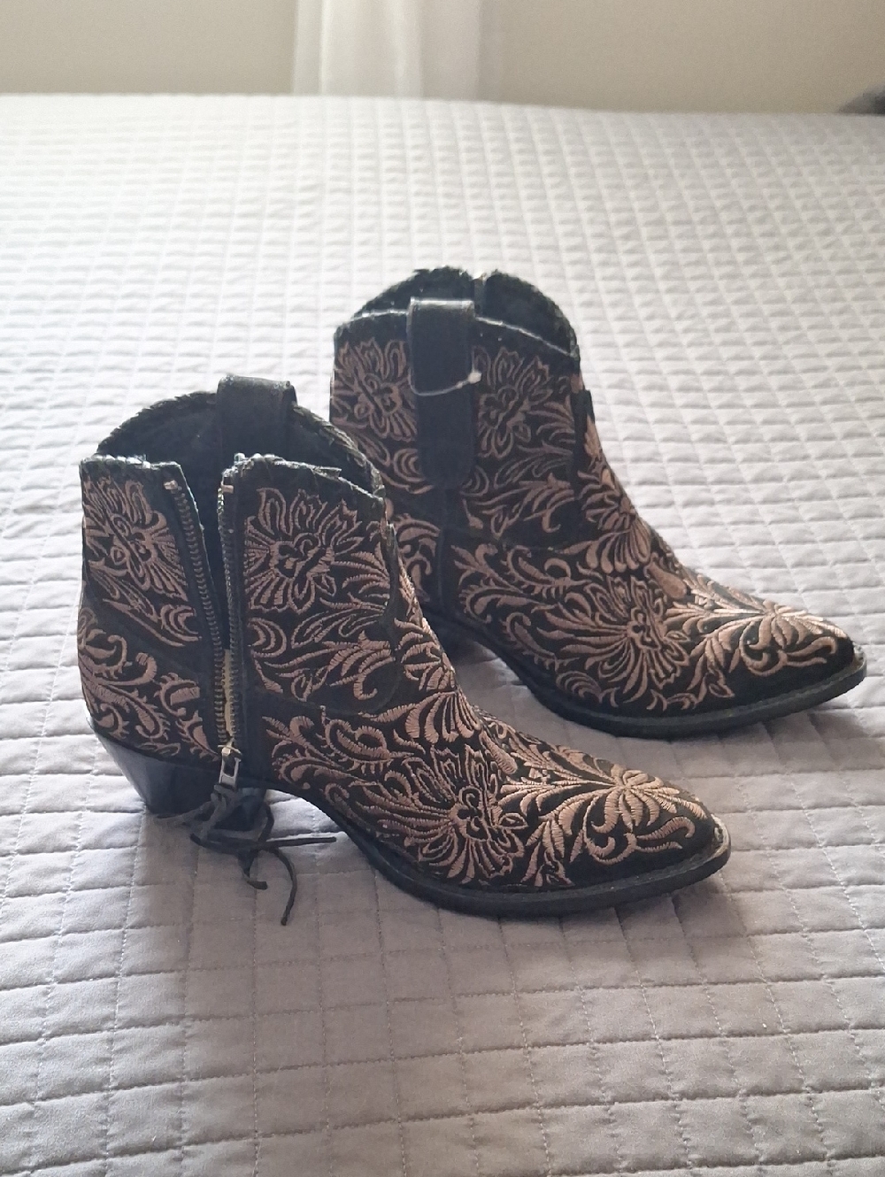 Women's Black Ankle Booties with Gold Embroidered Floral Design